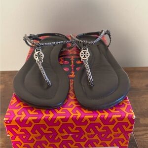 Tory Burch Emmy-Pitone Rocha Snake sandal in "Grey 020." Size 8.5